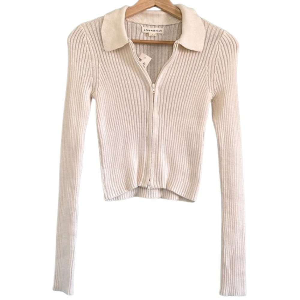 NWT Aeropostale ivory ribbed long sleeve cropped zip polo cardigan